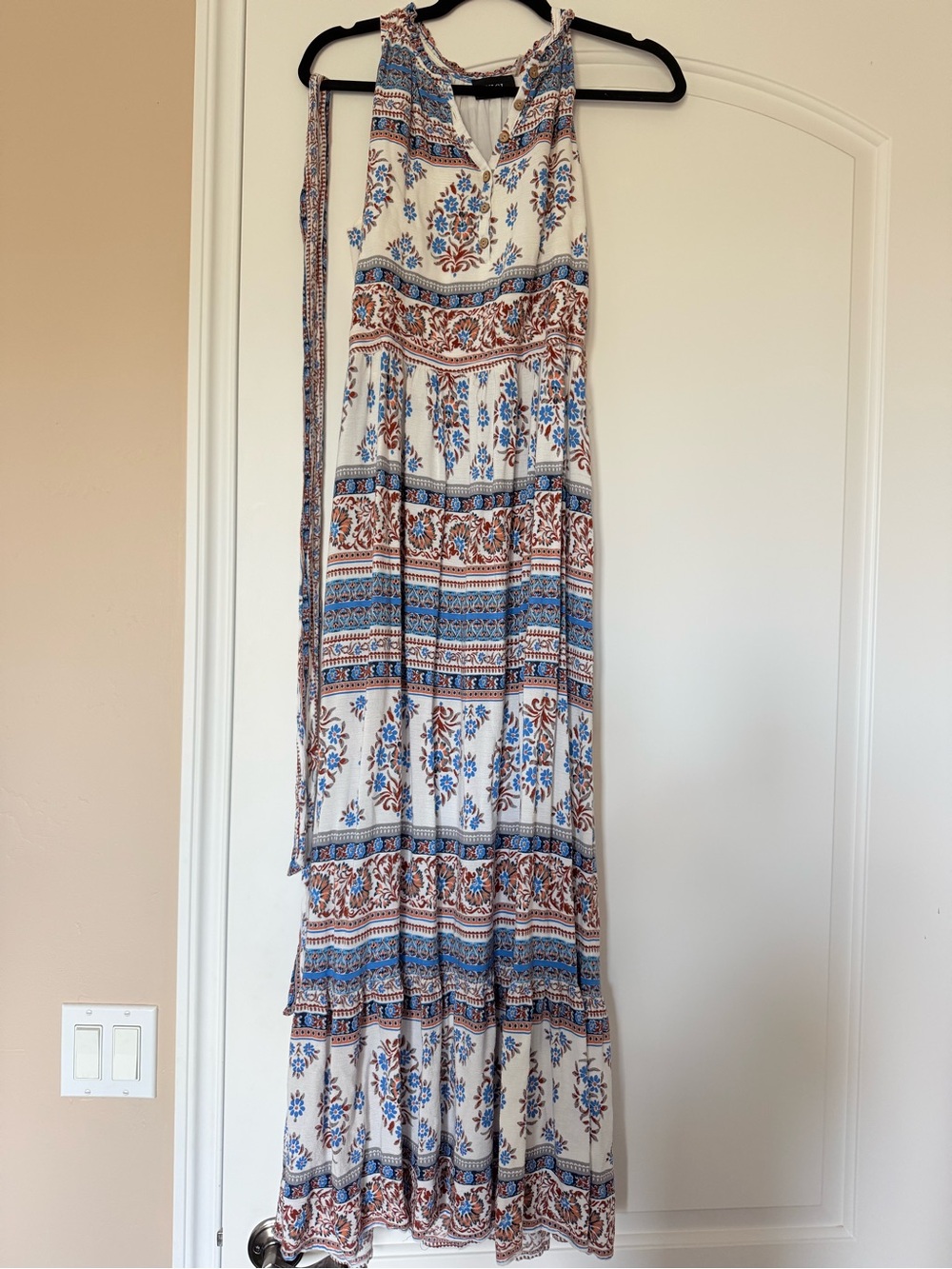 Boho Floral Tiered Maxi dress- White with Blue & Brown Print
